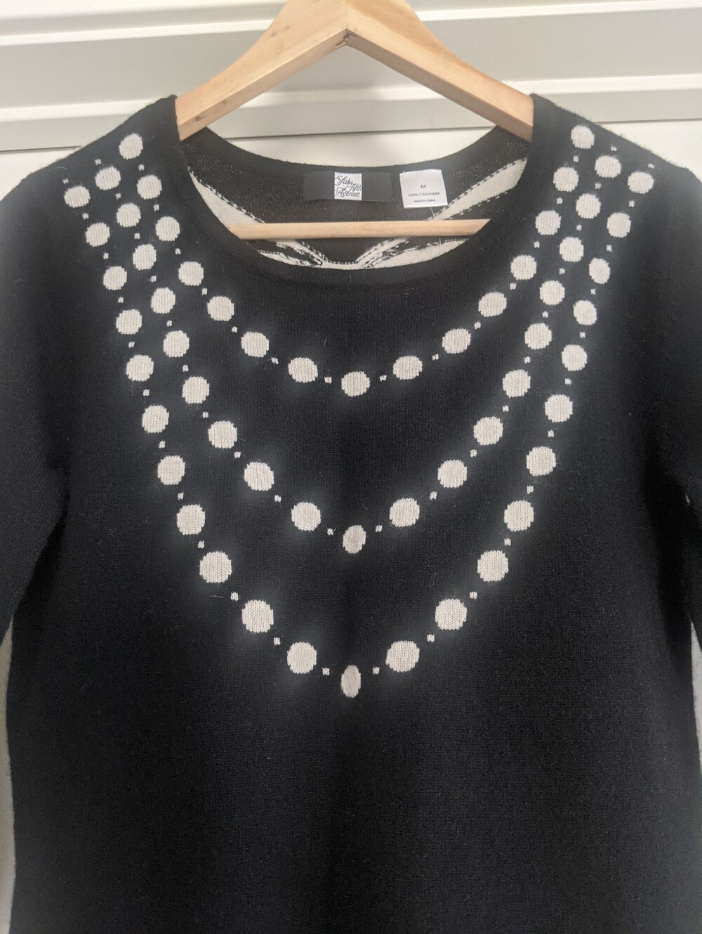 SAKS FIFTH Avenue Black Crewneck Sweater with White Dot Necklace